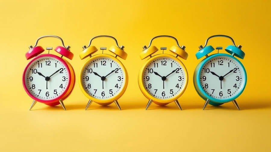 Identical alarm clocks set to same time on yellow and teal backdrop.