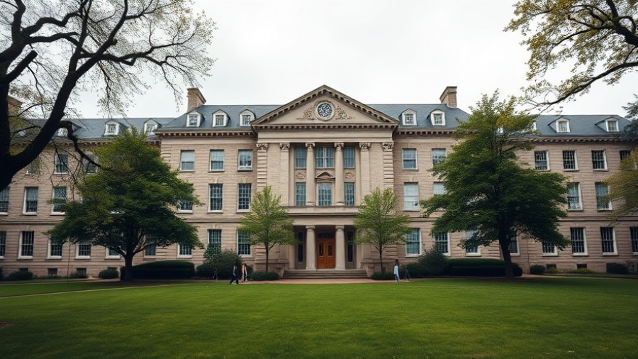 Stately Harvard Medical School building, tranquil scene with trees.