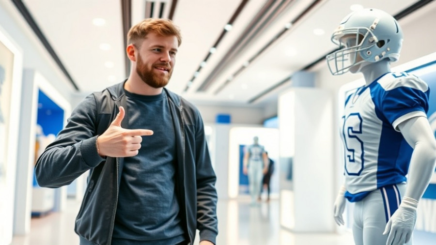 Sports fan interacts with football mannequin in a modern showroom.
