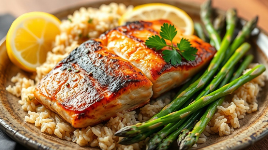 Grilled salmon, wild rice, and asparagus for food sequencing and better digestion.