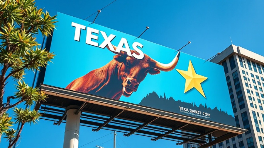 Texas Stock Exchange funding billboard with bull horn against blue sky.