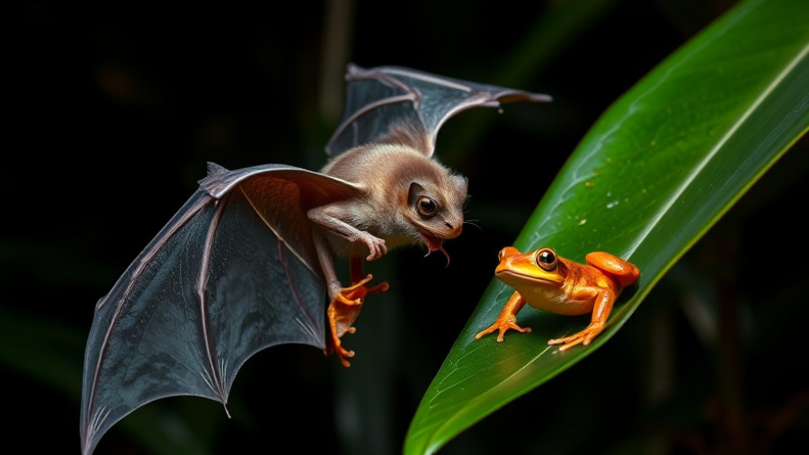 Bat displaying hunting efficiency mid-flight over orange frog.