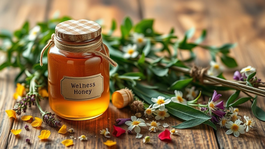 Natural wellness ingredients on a rustic table with honey and herbs.