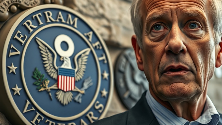 Department of Veterans Affairs emblem and man discussing veteran workforce entry.