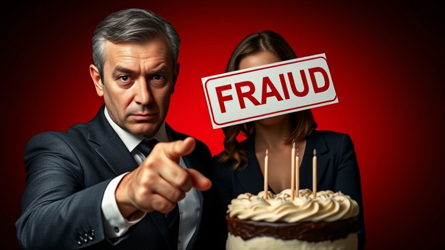 Big Pharma and social media influencers concept with serious man pointing at cake.