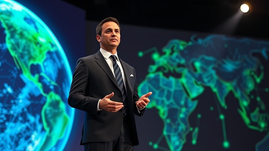 Man speaking on stage with digital earth background at HPE AI transformation event.