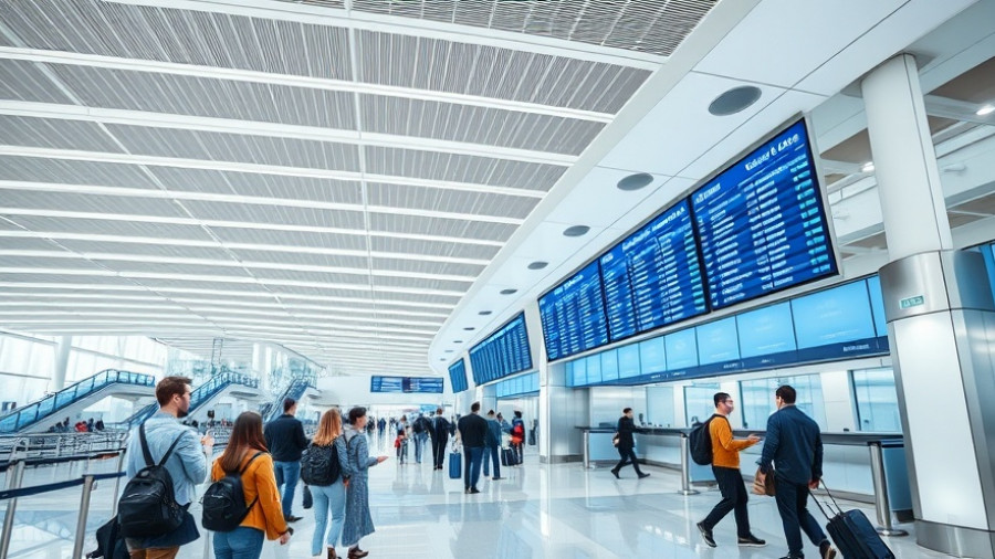 Travelers in a Houston airport terminal checking flight displays.