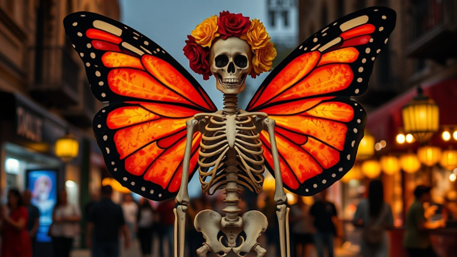 San Antonio Día de los Muertos festival scene with butterfly-winged skeleton.