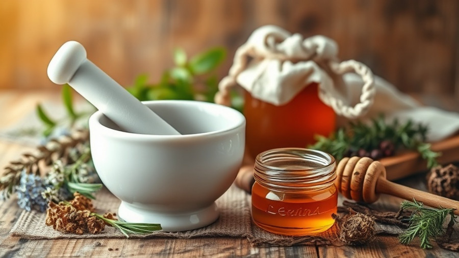 Natural health ingredients with honey and herbs on rustic table.