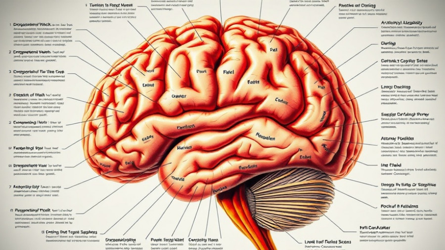 Anatomical diagram of the brain showing pathways and scientific labels. Flavanols improve brain function.