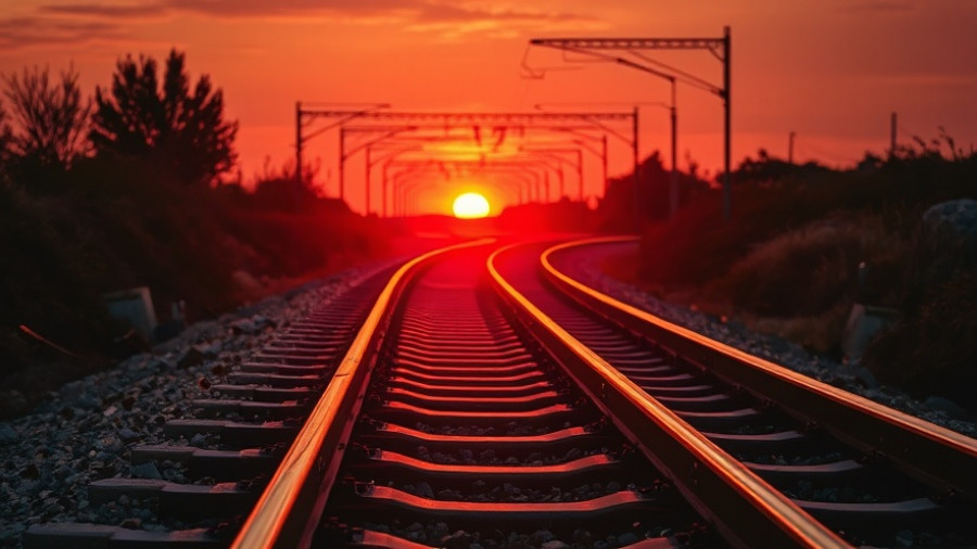 Curving railway tracks lit by warm sunset glow, train collision Schertz.
