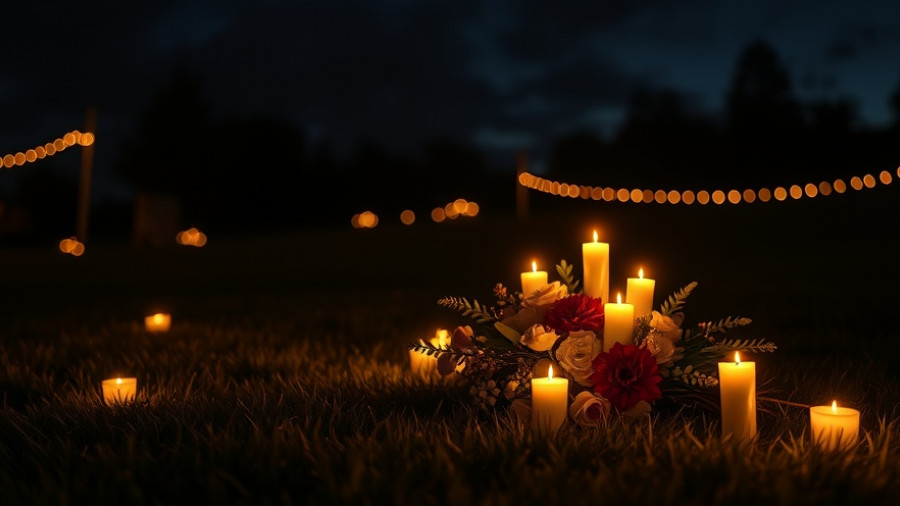 Pearland child killed in crash memorial with glowing candles and flowers at night.
