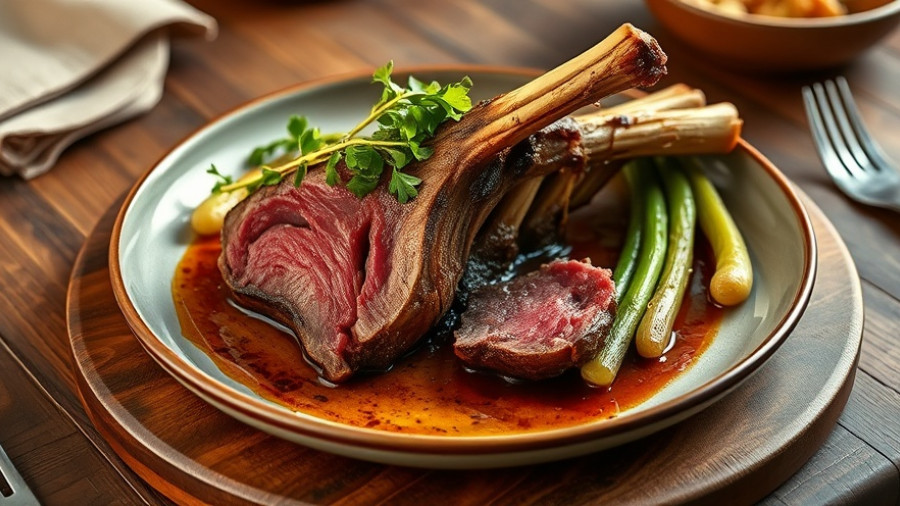 Elegant roasted venison rack recipe with leeks and greens on rustic table.