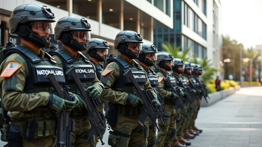 National Guard soldiers in Portland amidst urban scene.