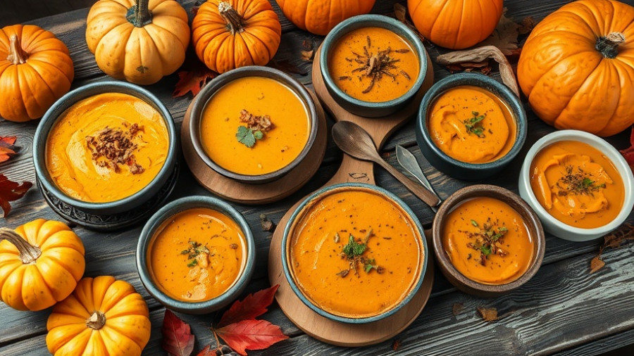 Rustic autumn table with various pumpkin recipes for fall.