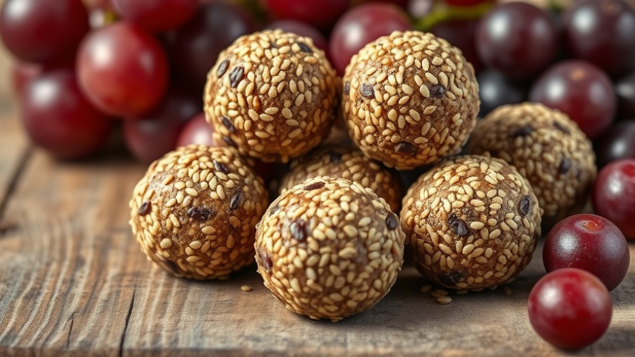 No-bake energy bites with sesame seeds and grapes on wooden surface.