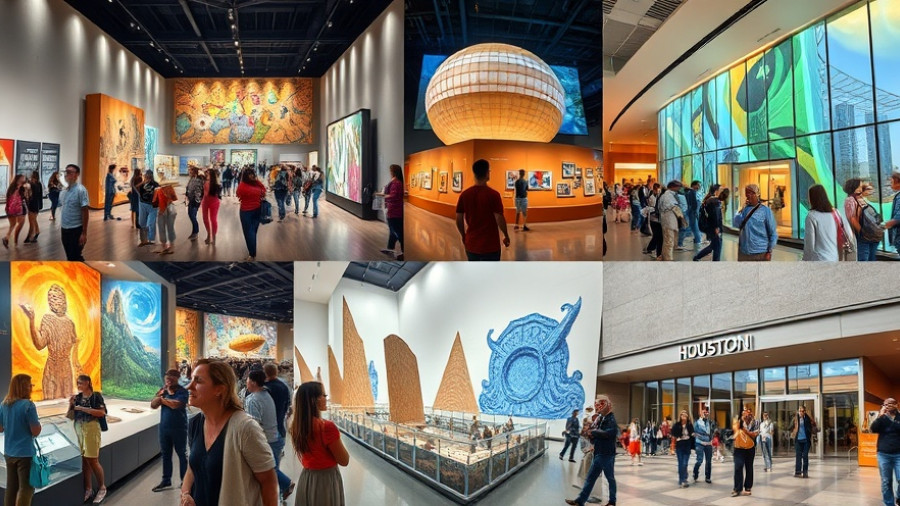Colorful collage showcasing free museums in Houston with diverse visitors.