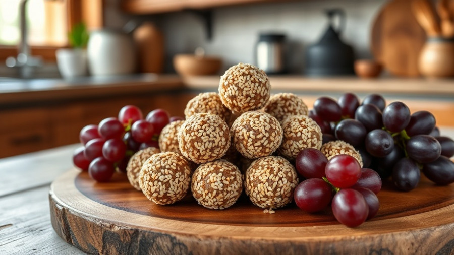 No-bake energy bites with sesame seeds and grapes on wooden platter.