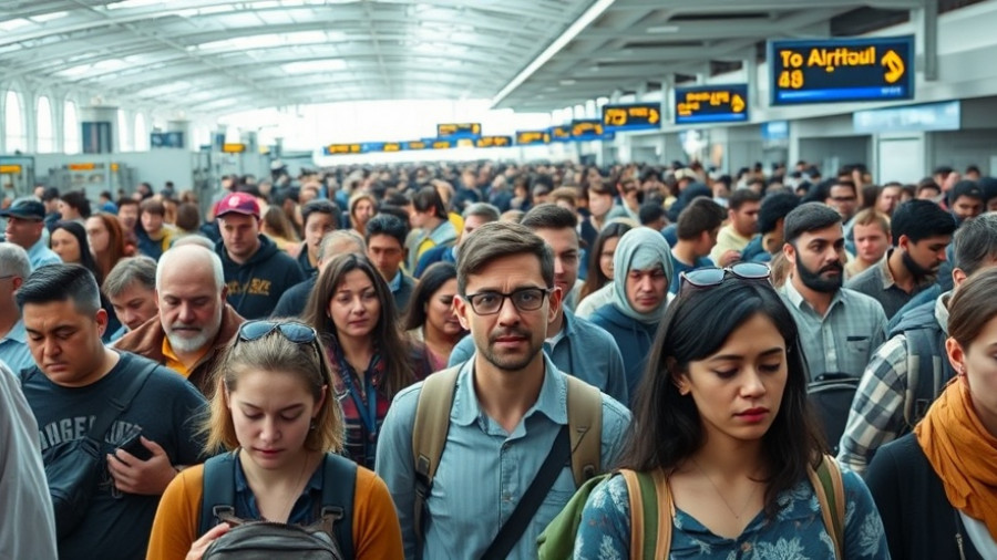 Crowded Houston airport terminal showing long wait times.