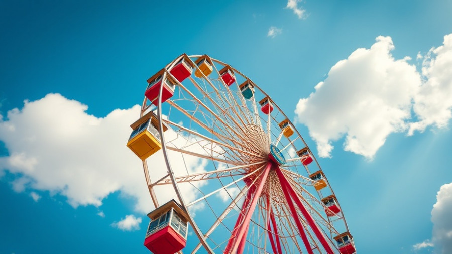 Colorful Ferris wheel against blue sky in vibrant, dynamic view.