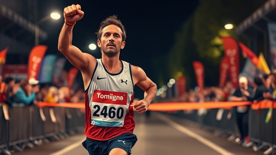 Determined runner finishing a marathon at night