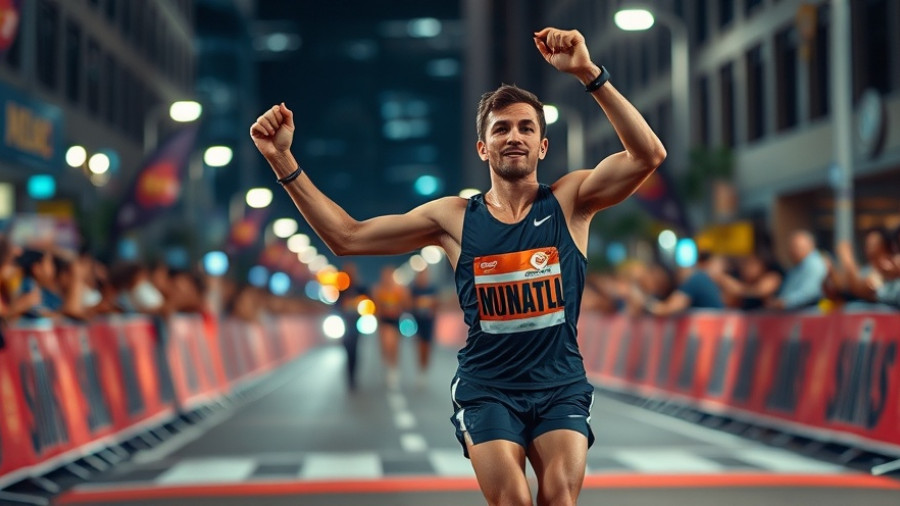 Runner triumphantly raises arm at marathon finish line, power of finishing.