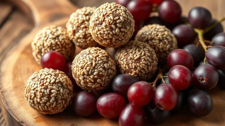 Rustic no-bake energy bites with sesame and grapes.
