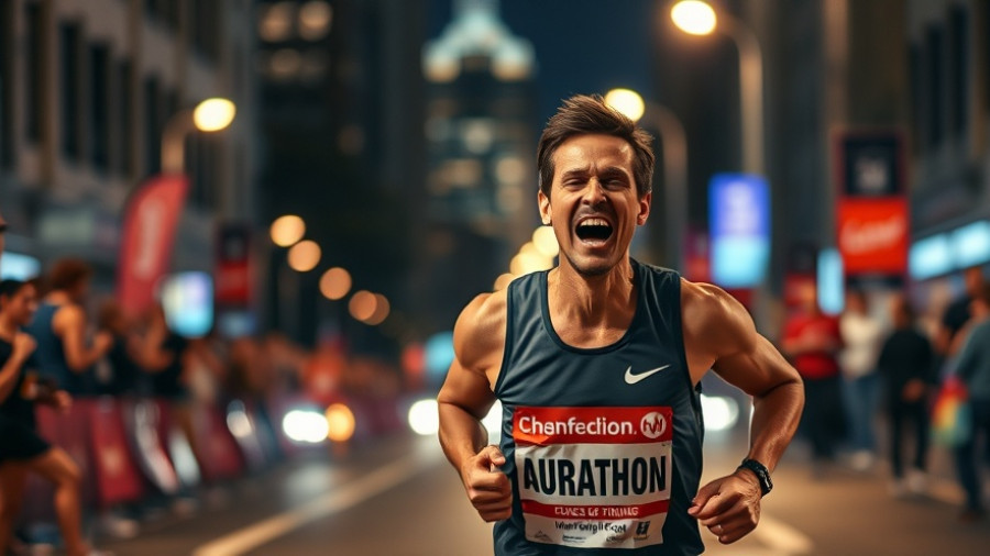 Marathon runner celebrating finish, showcasing marathon culture and community support.