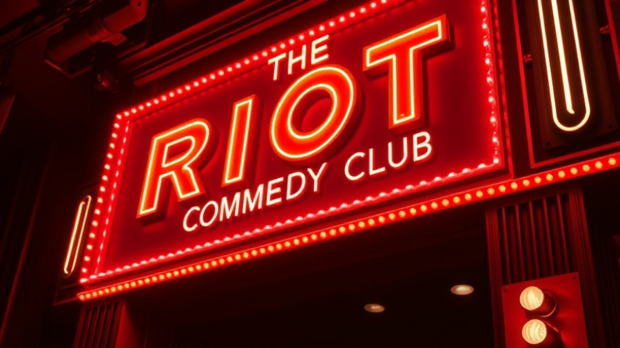 Neon sign of The Riot Comedy Club on a dark stage.