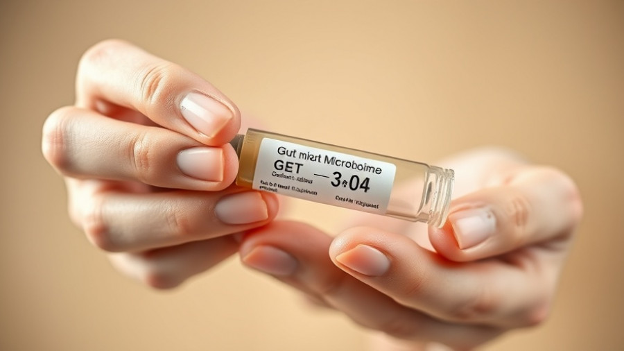 Hands holding gut microbiome test tube on beige background.