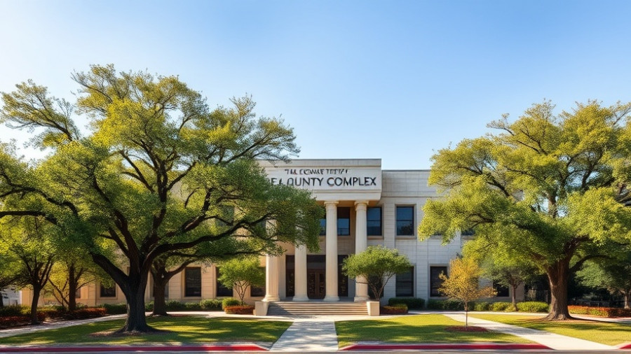 Travis County Justice Complex surrounded by trees, Texas news topic.
