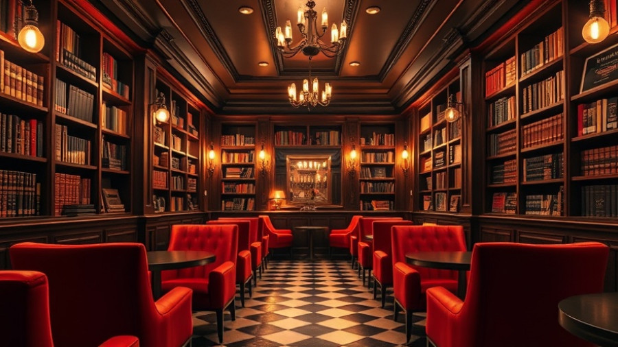 Chic library speakeasy in San Antonio with books and red chairs.