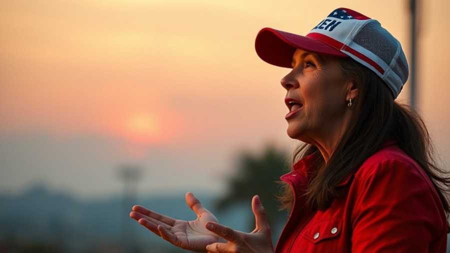 Woman speaking passionately at an outdoor event in a red jacket and American flag cap, related to national veterans small business week cancellation.