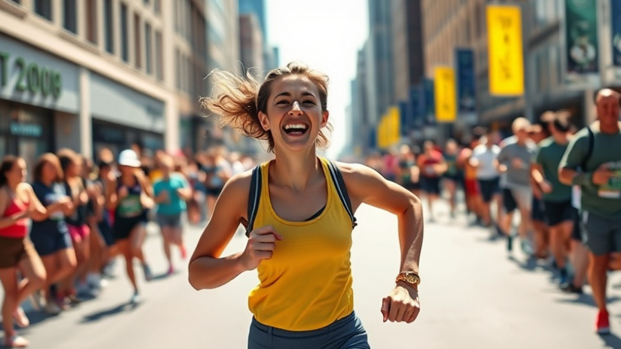 Anxious 20-something women excitedly running marathon under sunlight.