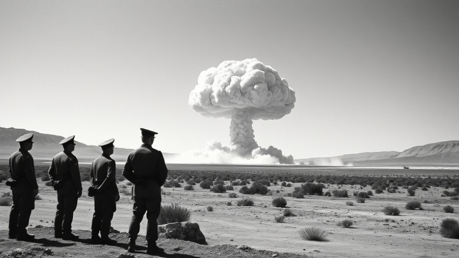 Black and white photo of military personnel watching a nuclear explosion in the desert.