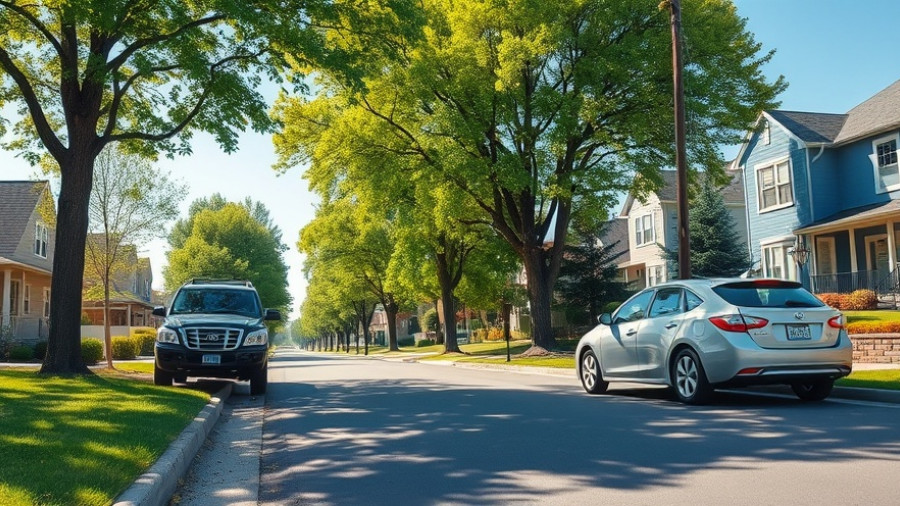 Suburban street scene with parked cars and trees, immigration news USA.