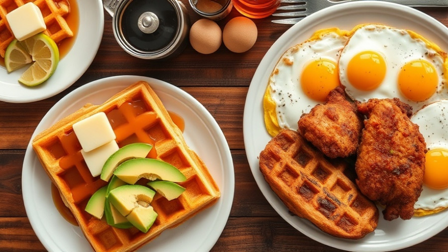 San Antonio dining experience with waffles, omelet, and fried chicken breakfast served.