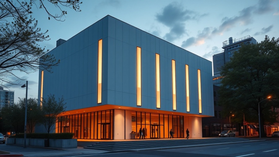 Modern building in Texas with illuminated facade at dusk.