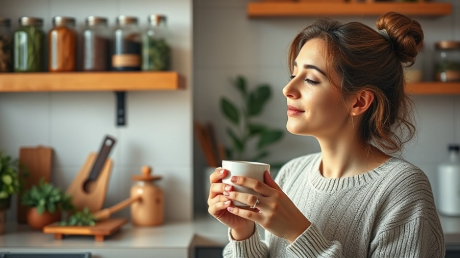 Woman enjoying herbal tea in a modern kitchen for wellness.