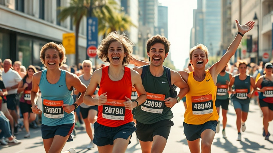 Young adults celebrating during marathon, highlighting joy and excitement.