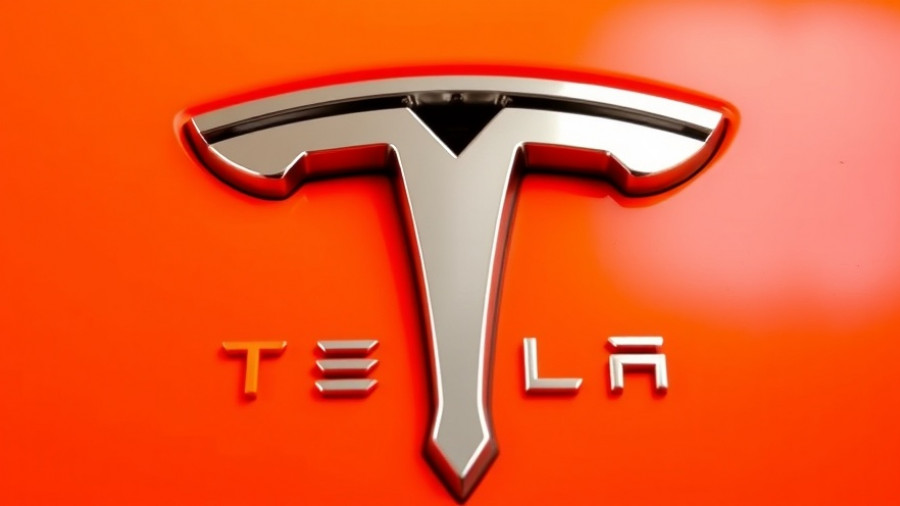 Tesla logo close-up on orange backdrop