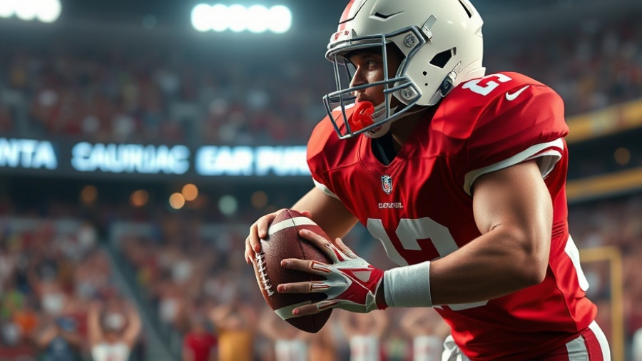 Arizona Cardinals player holding football, intense focus.