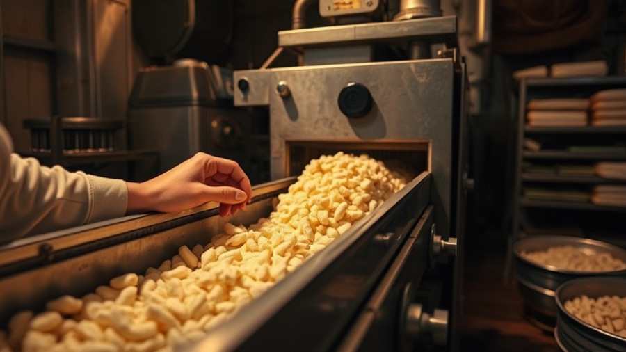 Machinery processing food in a dimly lit workshop.