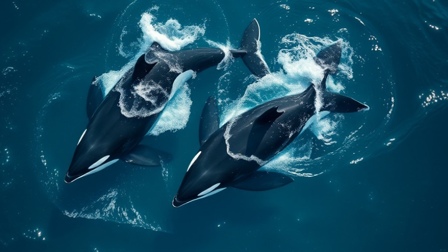 Killer whales swimming dynamically in deep blue ocean.