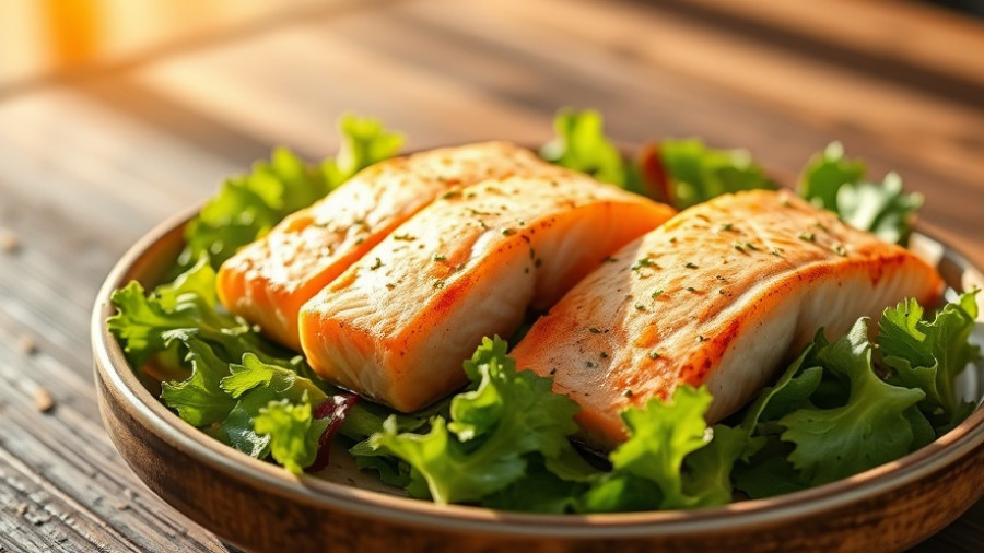 Poached salmon fillets on collard green salad on a sunlit wooden table.