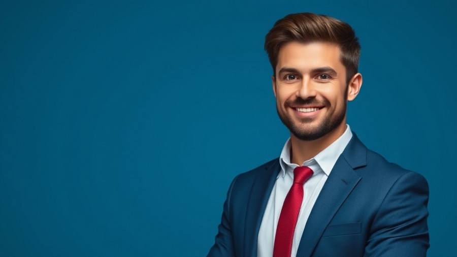 Confident professional man smiling in a polished studio setting.