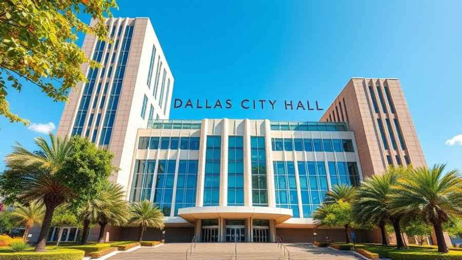 Dallas City Hall future vision against a bright blue sky with greenery.