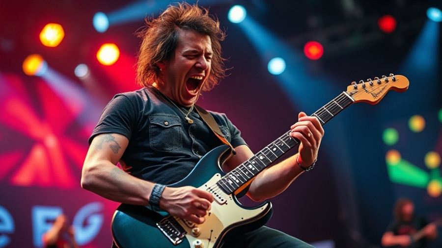 Fierce guitarist playing on stage with intense performance at concert.