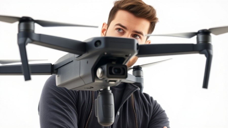Close-up of bearded man and drone in studio shot, news context