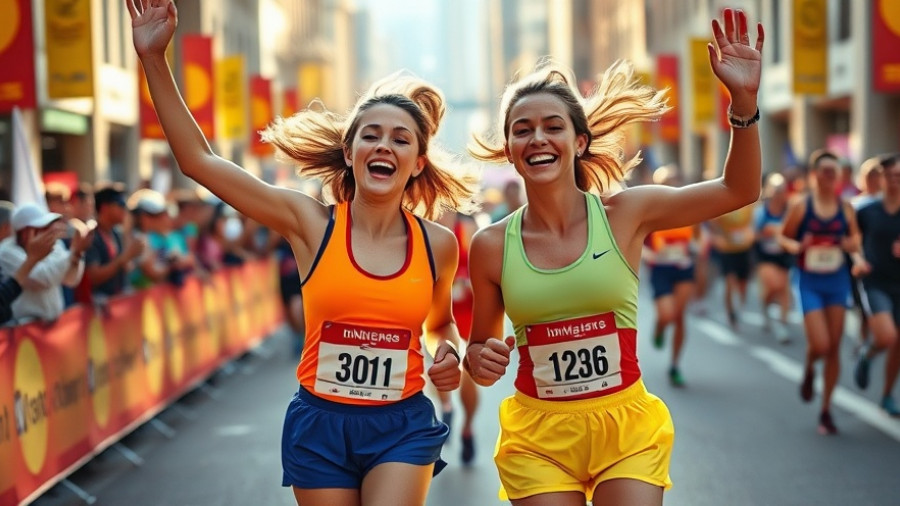 Joyful marathon runners in vibrant urban scene, health and wellness theme.